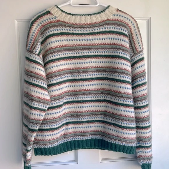 Handmade Striped Knit Sweater, Cozy Vintage-Style Pullover, Forest Green & Cream - Picture 4 of 4